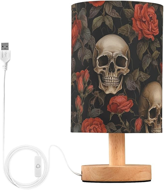 Bedside Lamp Skull Gothic Red Rose Flower Table Lamp with USB Port Wood Base for Living - Bloomnest