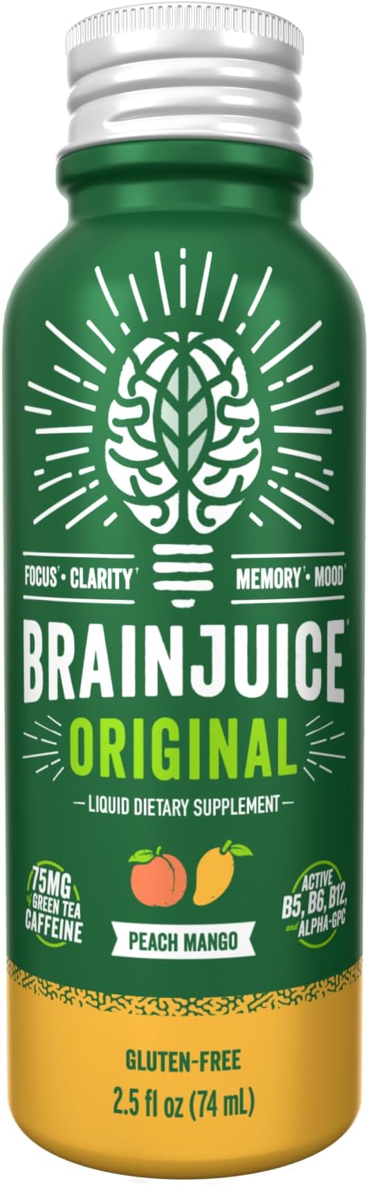 BrainJuice Brain Support Shot, Gluten Free Supplement Shots for Energy & Focus, Healthy Drinks with Alpha GPC, Vitamin B & Organic Green Tea Extract Caffeine, Peach Mango, 2.5 fl oz, 12 Pack - Bloomnest