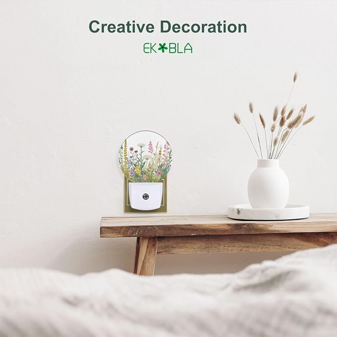 EKOBLA Vintage Floral Botanical Night Light Flowers Green Plants Leaves Night Lights Plug into Wall with Dusk to Dawn Sensor LED 0.5W Nightlights Sleep Friendly - Bloomnest