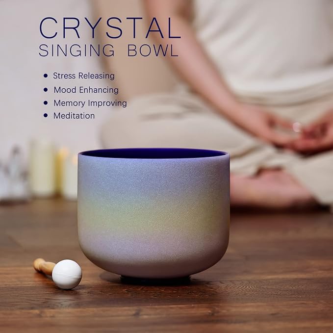 CVNC 440HZ 8 Inch Rainbow Colored A Note Third-Eye Chakra Frosted Quartz Crystal Singing Bowl for Sound Healing and Meditation - Bloomnest
