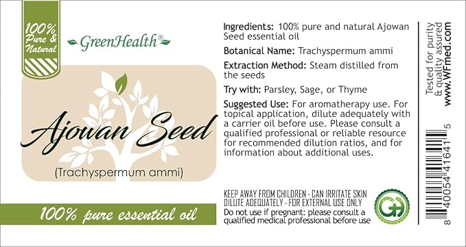 Ajowan Seed Essential Oil – 2 fl oz (59 ml) Glass Bottle w/Cap – 100% Pure Essential Oil – GreenHealth Greenals