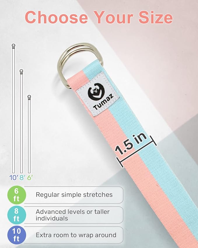 Tumaz Yoga Strap/Stretch Bands [15+ Colors, 6/8/10 Feet Options] with Extra Safe Adjustable D-Ring Buckle, Durable and Comfy Delicate Texture - Best for Daily Stretching, Physical Therapy, Fitness - Bloomnest