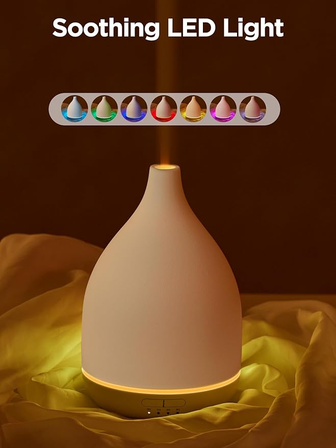 InnoGear Oil Diffuser, 300ML Ceramic Diffuser for Essential Oils Handcrafted Aromatherapy Diffuser Ultrasonic Cool Mist Humidifier with 4 Timers Waterless Auto Off for Room Office, White Base - Bloomnest