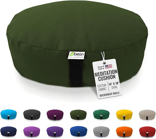BEAN PRODUCTS Zafu Meditation Pillows for Sitting on Floor, Yoga Cushion, Cotton/Buckwheat fill Yoga Pillow, Zafu Meditation Cushion, Zen Kneeling Prayer Pad- MADE IN USA - 14"x18" Oval - EARTH