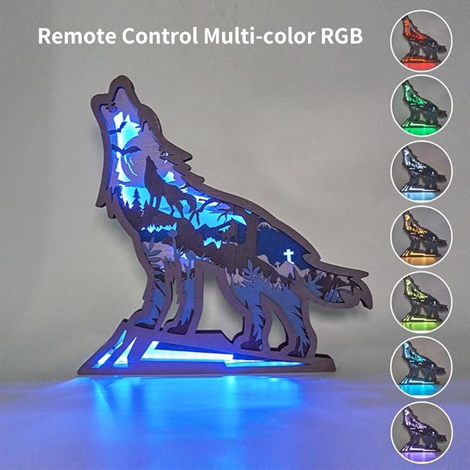 3D Wooden Animal Carving Multi-Color LED Night Light, Wood Carving Light, Modern Home Decoration, Decorative Tables, Cabinets, Living Rooms, Bedrooms, Offices, Farmhouses, Bookshelves, Perfect Gifts - Bloomnest