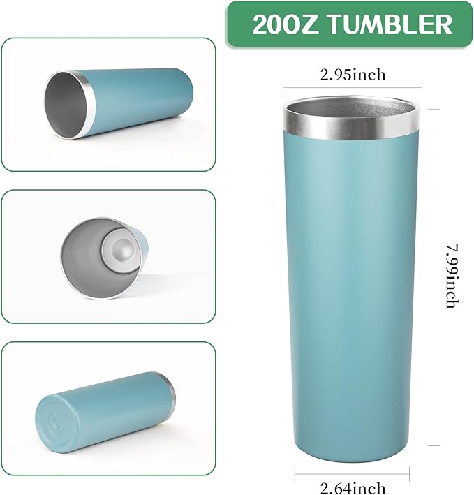 20 oz Skinny Tumblers with Lid and Straw,Stainless Steel Vacuum Insulated Tumbler Cup Double Wall Travel Coffee Mug, Thermal Water Tumbler for Hot and Cold Drinks(Glacier blue,4) - Bloomnest