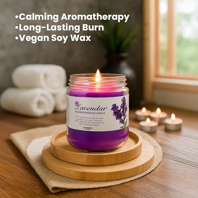 Candle Set Lavender Odor Eliminating – 2 Pack - 12oz – Long-Lasting Soy Wax Candles – Neutralizes Pet, Kitchen & Smoke Odors – Clean Burn, Eco-Friendly, Aromatherapy Candle - Bloomnest