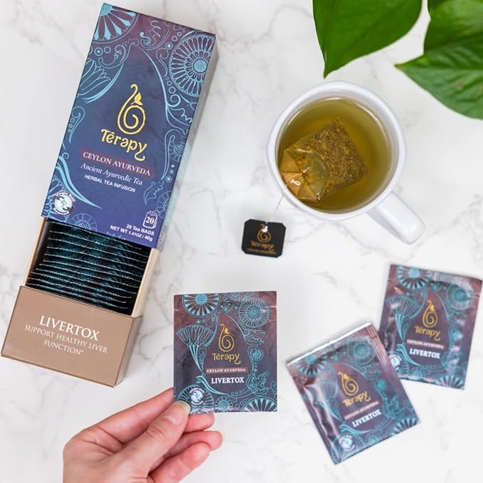 Térapy Ceylon LIVERTOX Organic Herbal Tea Bags | Helps with Liver Kidney Cleanse Detox & Repair | 100% Natural Ayurvedic Ingredients including Turmeric, Aloe Vera and Lemongrass | 20 Individually Wrapped Tea Bags - Bloomnest