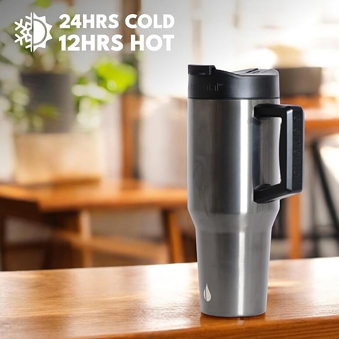 Elemental 32 oz 100% Leak Proof Tumbler with Handle & Straw - Stainless Steel Double Wall Insulated Tumbler for Hot and Cold Beverages - Travel Coffee Mug with Sip & Straw Lid - Gunmetal - Bloomnest