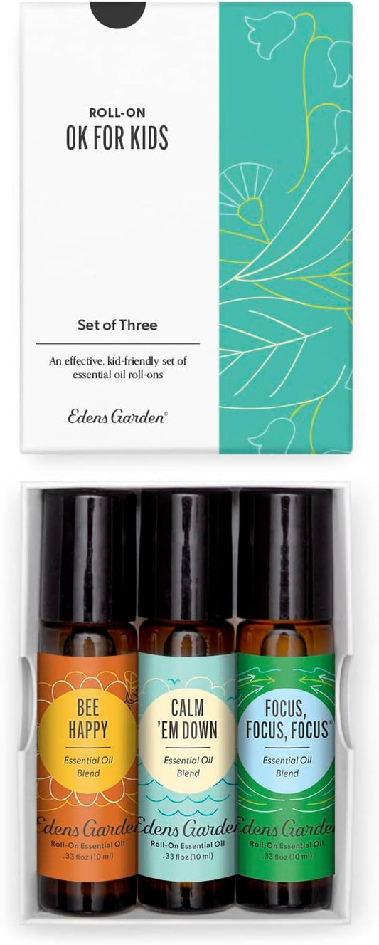 Edens Garden OK For Kids Essential Oil Roll-On 3 Set – 100% Pure Therapeutic Grade, Natural Aromatherapy Blends – Gentle & Pre-Diluted, Includes Bee Happy, Calm 'Em Down & Focus, 10 ml Roll-On/ 3 Pack - Bloomnest
