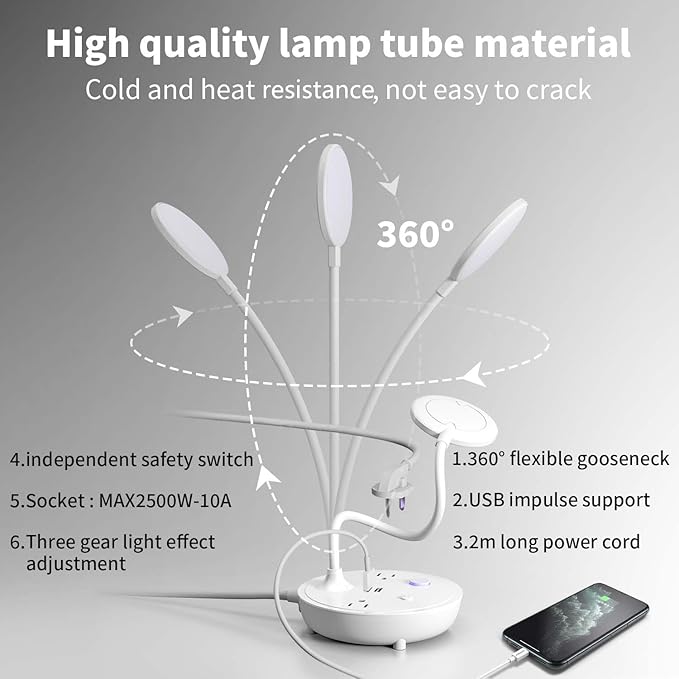 Bodun LED Desk Lamp with 2 USB Charging Port and 2 AC Power Outlet - Adjustable Gooseneck, 3 Level Brightness, Eye-Caring Small White Table Lamp for Home Office College Dorm Room Essentials - Bloomnest