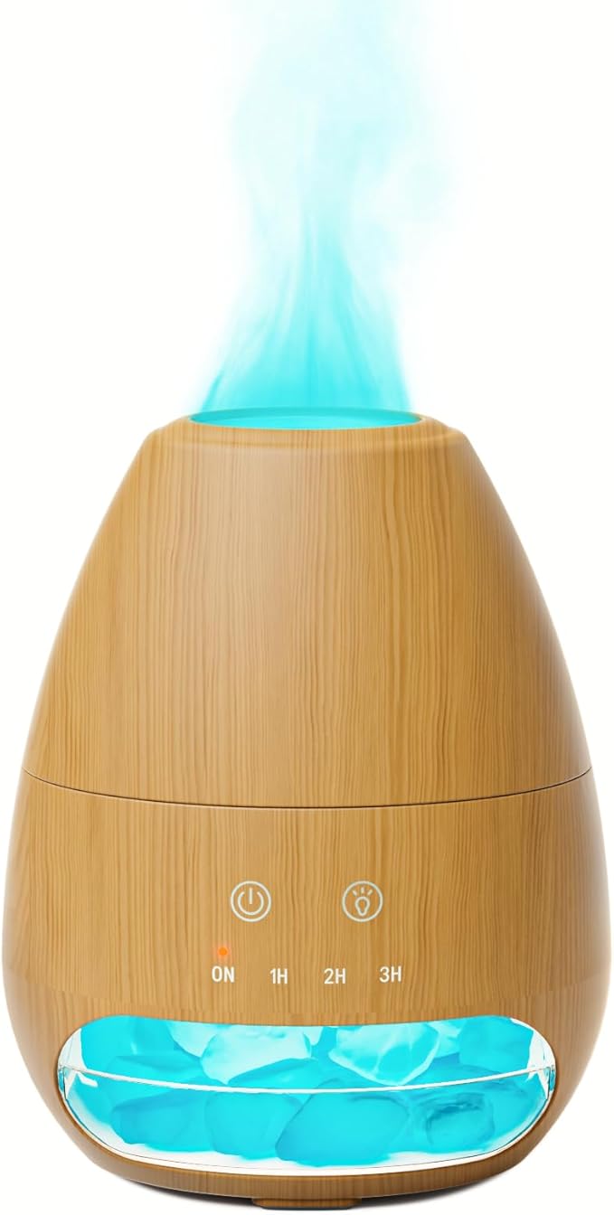 Ultrasonic Essential Oil Diffuser with Himalayan Salt Rock,Flame Diffuser with 7 LED Light,100ML Small Aromatherapy Oil Diffuser with Auto Off Function for Home, Office,Spa,Wooden Grain - Bloomnest