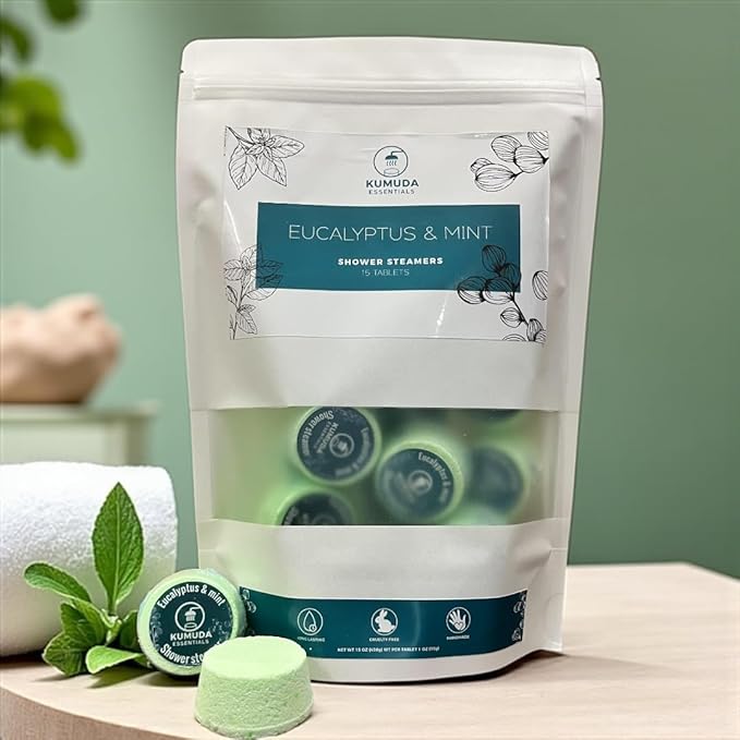 Kumuda Essentials Shower Steamers Pack of 15 Eucalyptus and Mint Aromatherapy Tablets Gift for Women, Birthday, Anniversary (30g Each) - Bloomnest