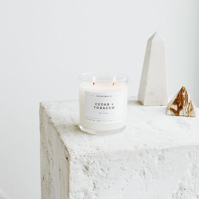 Calyan Wax Co. 2 Wick Candle, Cedar + Tobacco Scented Candle, 37 Hour Burn Time, Aromatherapy Soy Candles, Non Toxic & Vegan Soy Wax, Glass Tumbler Scented Candles, 8.8oz - Bloomnest