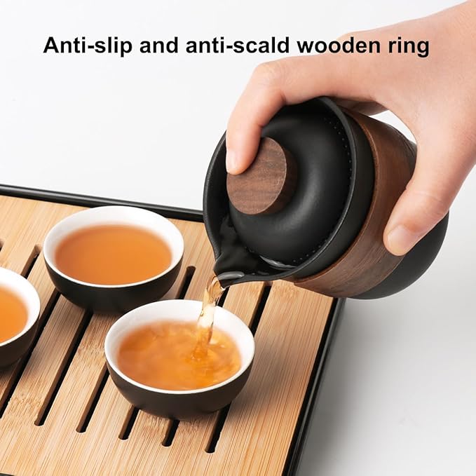 Mini Travel Ceramic Tea Pot Set Chinese Kung Fu Teapot, 1 Pot 3 Cups Porcelain Teacups with Tea Infuser Portable Bag for Home Office Outdoor Picnic Black