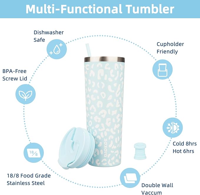 BJPKPK 30oz Tumbler With lid And Straw Stainless Steel Travel Coffee Mug Insulated Tumblers Cups,Light Blue Leopard - Bloomnest