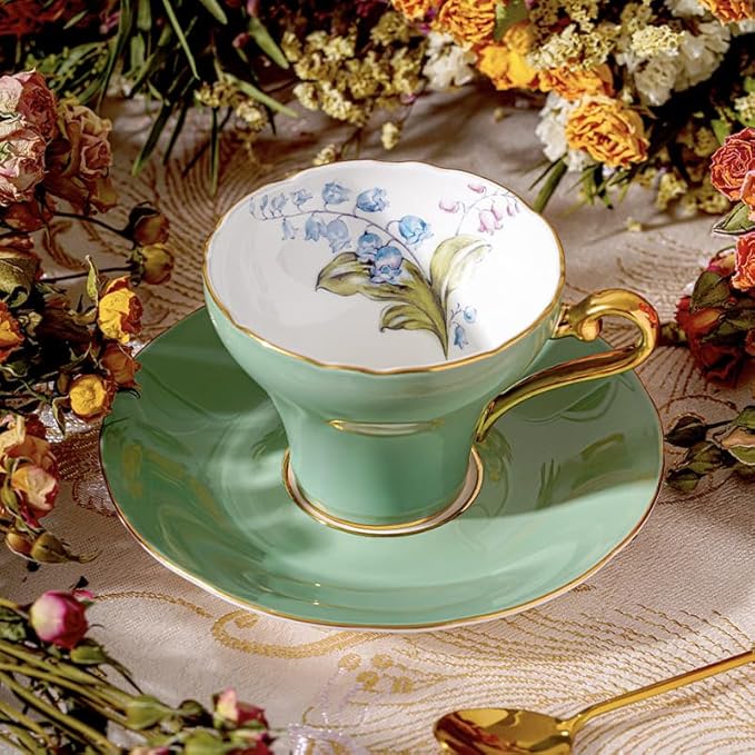 Aynsley Handpainting Colored Glaze Lily of the Valley Corset Fine Bone China English Tea Cup and Saucer Set, 6.1 oz (Green) - Bloomnest