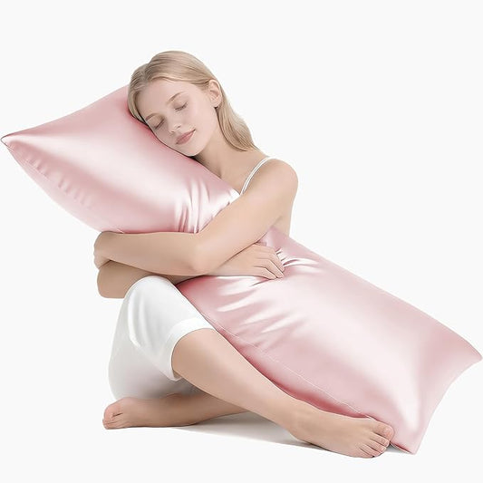MR&HM Satin Body Pillow Cover, Soft and Breathable Body Pillow Case with Envelope Closure, Cooling and Silky Long Pillowcase for Hair and Skin,Grey (20x54, Light Pink) - Bloomnest