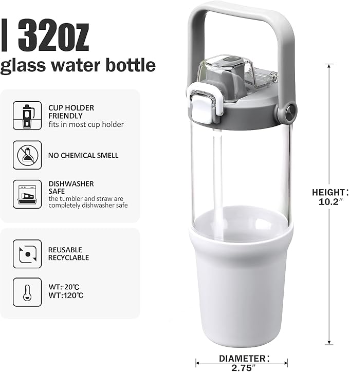 Glass Tumbler with Carry Handle, Clear Glass Water Bottle with Leakproof Lid, Spout Lid&Straw, BPA-Free, 32 oz, White - Bloomnest