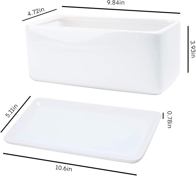 10 inch Rectangular White Ceramic Planter Pot Succulent Cactus Herb Flower Container Window Box Saucer Removable Drip Tray Base Drain Holes Home Office Indoor Outdoor Garden Desktop - Bloomnest
