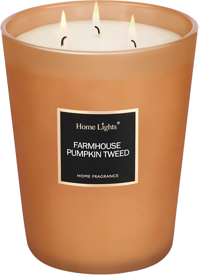 HomeLights Highly Scented Candles, Big 33.3 oz for Home, Natural Soy Aromatherapy Candles, Smokeless Long Lasting 130h with 3 Cotton Wicks, Candles Gifts for Women & Men - Farmhouse Pumpkin Tweed - Bloomnest