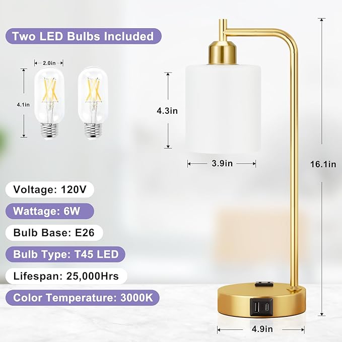 Innqoo Industrial Gold Table Lamps for Bedrooms Set of 2-3-Way Dimmable Desk Lamp with USB C+A Ports and Outlet, Gold Lamps with Opal Glass Shade for Living Room, Desk Lamps for Home Office - Bloomnest