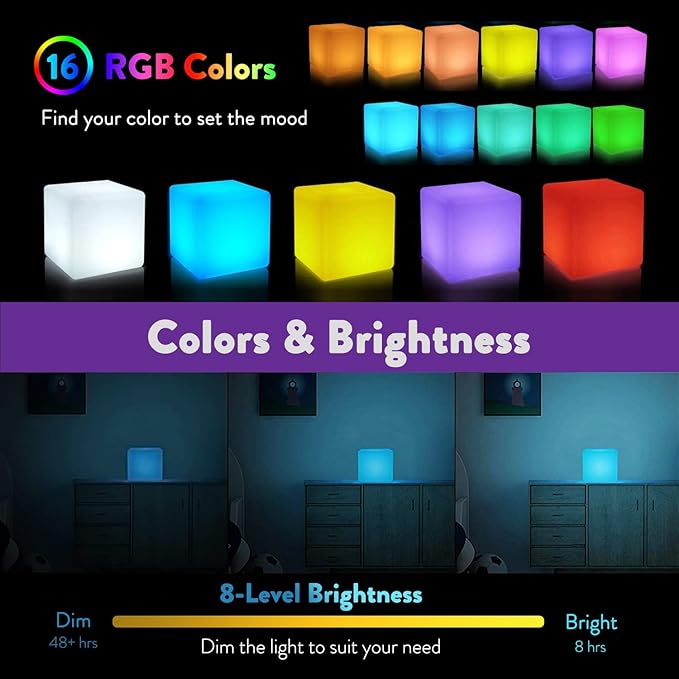 Mr.Go 10-inch Rechargeable LED Cube Light w/Remote, 16 RGB Colors & Dimmable LED Cube Lamp Night Light Mood Lamp, Ambient Decorative Lighting, Cordless & Waterproof for Indoor Outdoor Use - Bloomnest