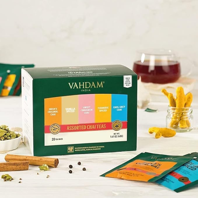 VAHDAM, Assorted Chai Tea Bags Sampler (5 Flavors, 20 Ecofriendly Pyramid Tea bags) I Gift Ideas for Women & Men | Masala Chai Tea Varieties from India | Gluten Free & Non GMO | Gifts for Him/Her - Bloomnest