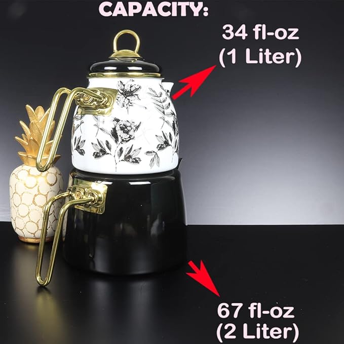 Vintage Turkish Teapot Tea Pots Kettle Set for Stovetop Stove Top Decorative Infuser Party Cups Glasses Floral Unique Boiler Samovar Strainer Loose Leaf Kitchen Style Enamel Decor (White-Black) - Bloomnest