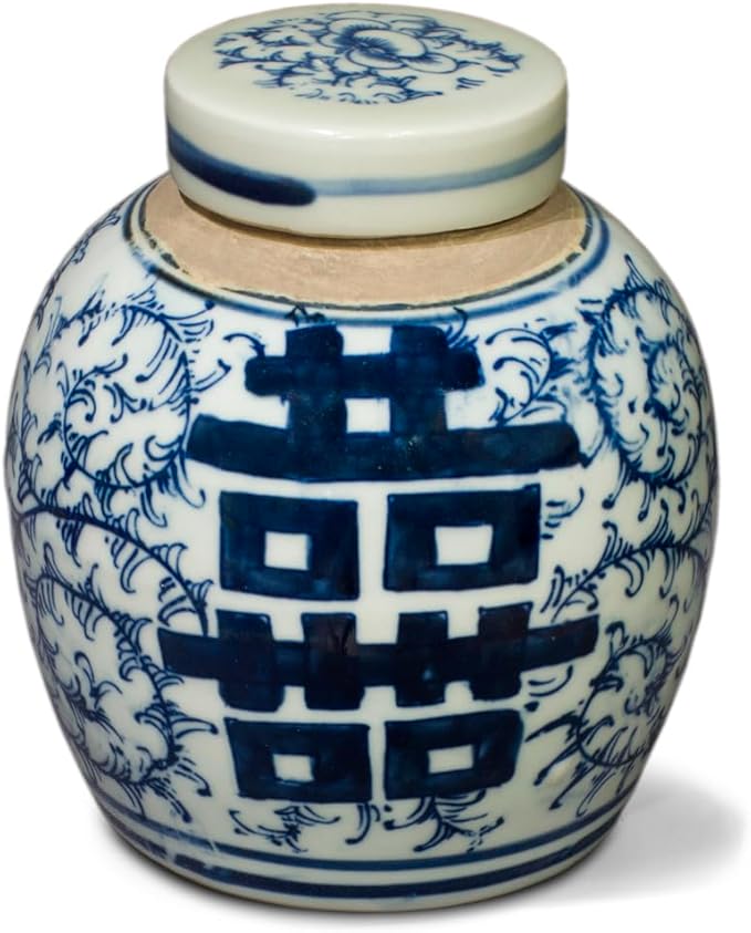China Furniture Online Blue and White 4.5in Porcelain Double Happiness Small Chinese Jar with Lid - Bloomnest