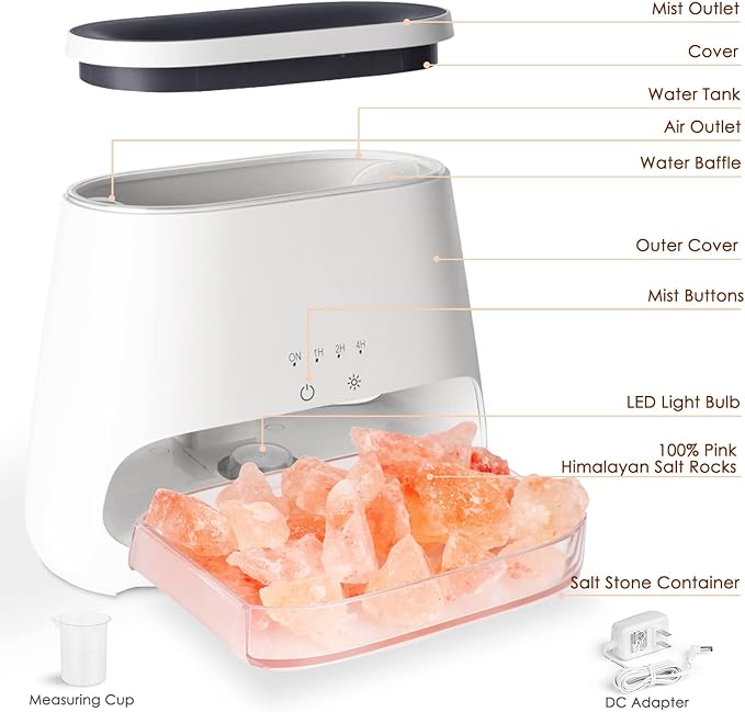 SALKING 2-in-1 Himalayan Salt Lamp & Ultrasonic Essential Oil Diffuser, Aromatherapy Diffuser Cool Mist Humidifier, Original Salt Therapy Lamp, 100% Pure Himalayan Salt, Ambient Glow, 150ml (White) - Bloomnest