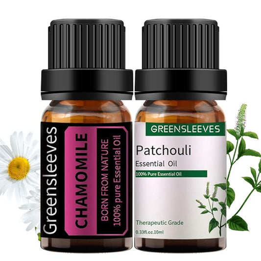 GREENSLEEVES Patchouli Chamomile Essential Oil Set, 2 x 10ml Pure Plant-Based Fragrance Oil for Aromatherapy, Essential Oils for Diffuser, Massage, Bath Bomb, Scented Candle Soap Making GREENSLEEVES