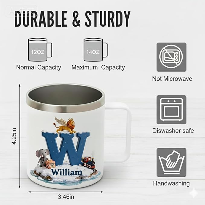 Personalized Kids Hot Chocolate Mug with Custom Name, Magical Lion & Train Christmas Tumbler for Boys & Girls - 14oz Insulated Stainless Steel Cup with Handle & Lid, Unique Holiday (B66) - Bloomnest