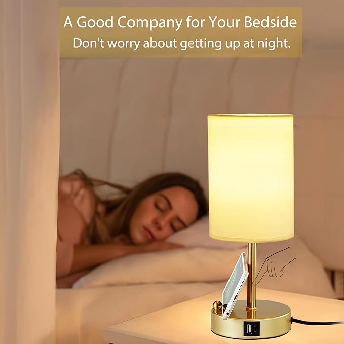 Briever Touch Control Table Lamp for Bedroom, 3-Way Dimmable Nightstand Lamp with USB Charging Ports, Bedside Desk Lamp with Gold Phone Stand & Round Linen Fabric Shade, Bulb Included - Bloomnest