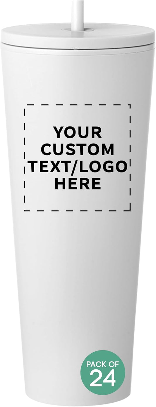 DISCOUNT PROMOS Custom Kenai Plastic Tumblers with Straw 24 oz., Set of 24, Personalized Bulk Pack - Ideal for Busy Professionals, With lids, Ice Coffee Tumbler, To Go Cup, Insulated - White - Bloomnest