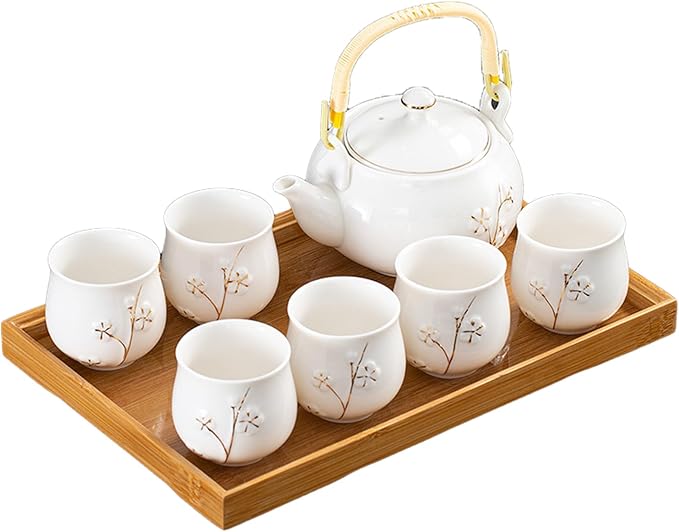 KEYDUACU Japanese Tea Set, White Ceramic Tea Set, Plum Blossom Embossed, Includes 1 Teapot (660ml), 6 Teacups,Tea Tray,Strainer, Can be used at home, outdoor, gift, Chinese Kung Fu Tea Set - Bloomnest