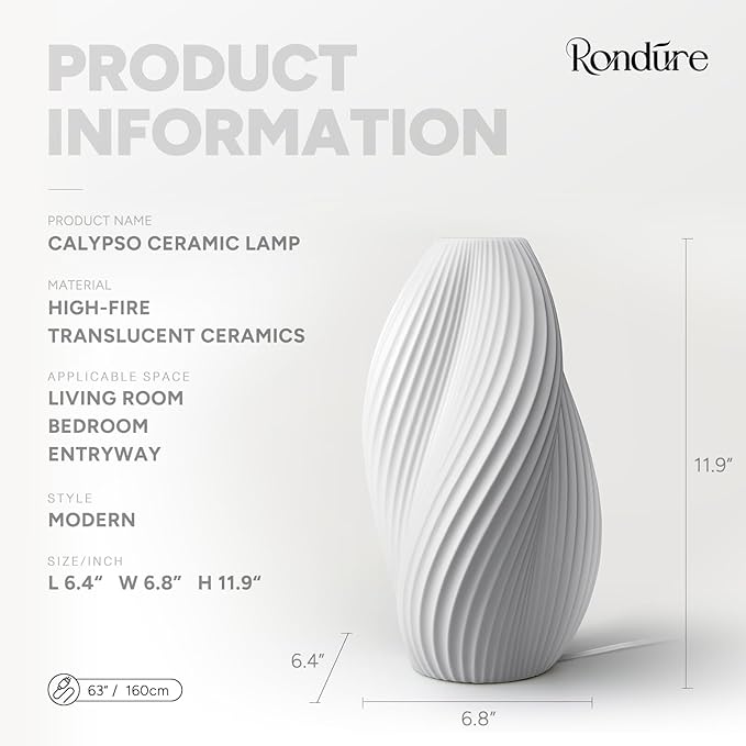 RONDURE 11.9" Modern Ceramic Table Lamp, Fully Dimmable Modern Bedside Lamps for Bedroom, Living Room and Nightstand, White Translucent Ceramic Shade, Warm Ambient Lighting, Corded, Bulb Included - Bloomnest