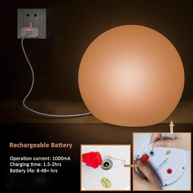10-Inch LED Ball Light, Rechargeable Dimmable LED Glowing Orb Light w/Remote, 16 RGB Color Changing Globe Floor Lamp, Indoor/Outdoor Waterproof Mood Lamp for Home Lawn Party Pool Decor - Bloomnest