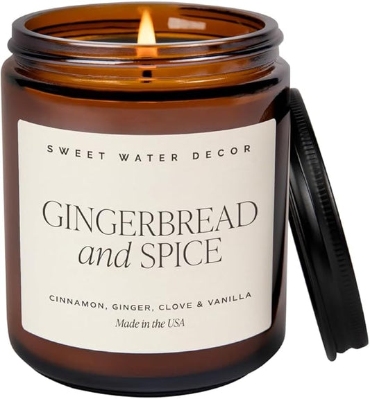 Sweet Water Decor Gingerbread and Spice Soy Candle - Cinnamon, Vanilla, and Gingerbread Scented Candle for Home - Christmas Candle 9oz Clear Jar, 40 Hour Burn Time, Made in The USA - Bloomnest