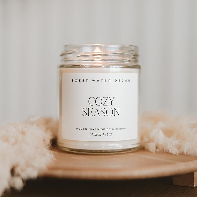 Sweet Water Decor Cozy Season Soy Candles - Fall Candles with Woods, Warm Spice, and Citrus Scent for Home Decor - Soy Candle with 40 Hours Burn Time - 9Oz Gold Lid Clear Jar Candles Fall Scents - Bloomnest