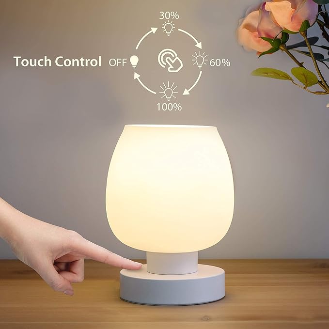 Touch Bedside Table Lamp Set of 2 - Small Modern Table Lamp for Bedroom Living Room Nightstand, 3-Way Dimable Desk lamp with White Opal Glass Lamp Shade, 2700K LED Bulb, Simple Design Home Decor - Bloomnest