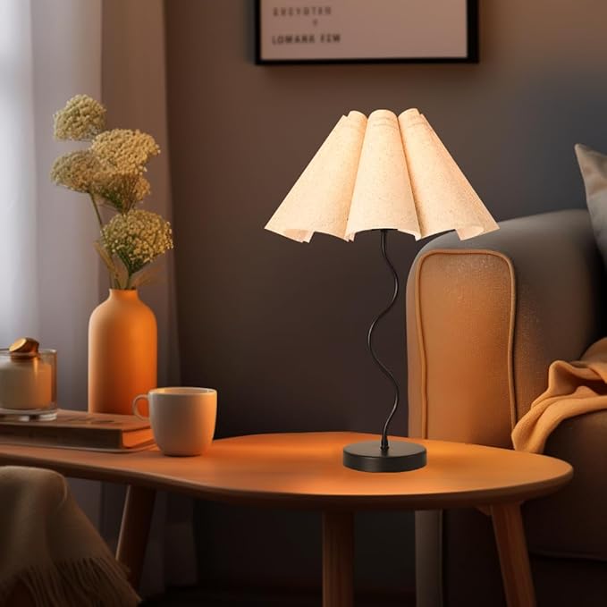 KUNJOULAM Small Table Lamp, Bedside Nightstand Lamp with Umbrella Form Fabric Lampshade Black Base, Morden Mini Desk Lamp for Bedroom Home Office Decor - Bloomnest