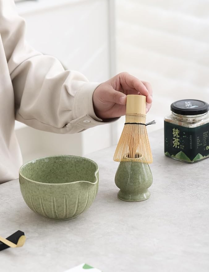 TANG PIN Matcha Set - Match Bowl with Spout and Whisk, 15 OZ, Matcha Scoop | Matcha Whisk Stand (Chasen Holder) - 4pc Perfect Matcha Kit for Matcha Tea Ceremony (Mottled Green) - Bloomnest