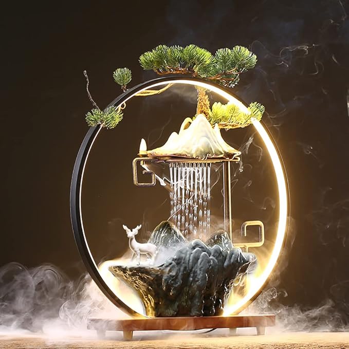 17In Water Fountains Indoor Tabletop Water Fall Humidifier with LED Light and Atomizer Mist, Zen Decor Meditation Japanese Decor Fake Plants Feng Shui Decor Festival Birthday Gift for Good Luck Wealth - Bloomnest