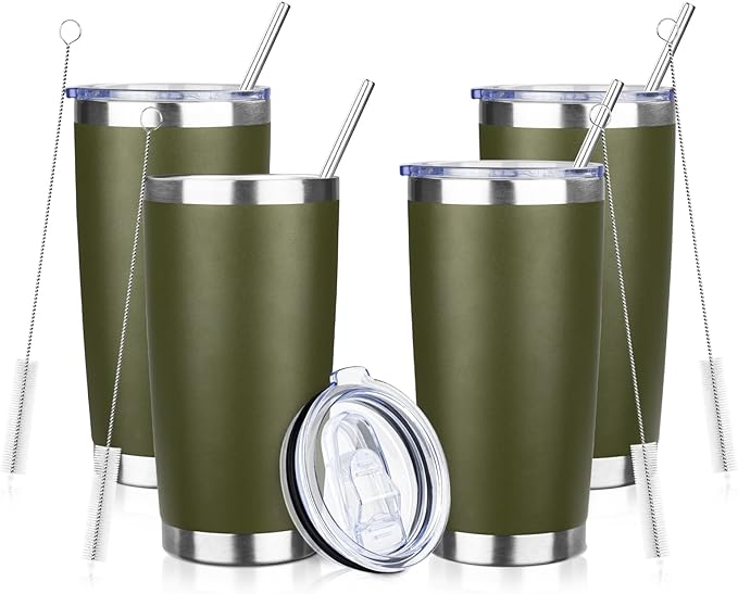 20oz Tumbler Bulk with Lid and Straw, Stainless Steel Double Wall Vacuum Insulated Travel Mug, Powder Coated Coffee Cups for Hot and Cold Drinks,Funny Gifts for Women Men(Navy Green,4) - Bloomnest