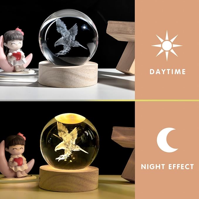 3D Laser Engraved Eagle Crystal Ball, Animal Figurine Decor Glass Sphere Lamp Night Light, Eagle Statue Gifts for Men Women Kids - Bloomnest