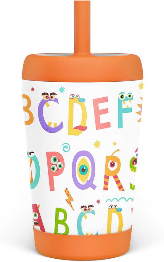 Kid Insulated Stainless Steel Tumbler with Silicone Straw, 12oz Sippy Cup for Kids (Alphabet) - Bloomnest