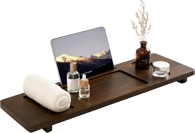 Teak Bathtub Tray - Wood Bath Caddy Tray 29" for Small Tubs - Adjustable Bathtub Table Trays - Luxury Shower Organizer for Home Spa Relaxation and Reading - Dark Walnut Color - Bloomnest