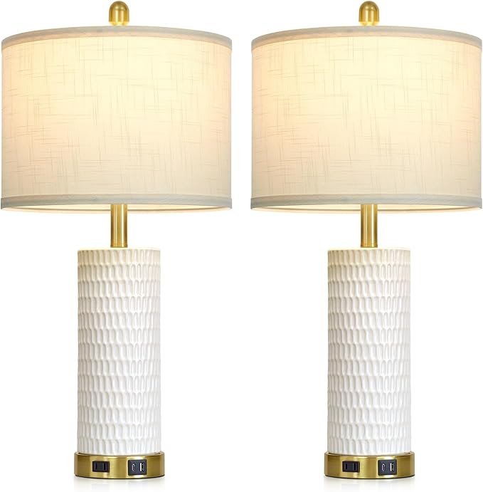 27" White Ceramic Lamps for Living Room, 3-Way Dimmable Touch Ceramic Table Lamp Set of 2 for Bedroom，Rustic Farmhouse Bedside Lamp with USB A+C & Outlets, Elegant Bedroom Lamp for Nightstand - Bloomnest