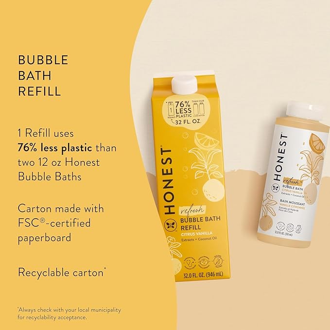 The Honest Company Foaming Bubble Bath Refill Carton Gentle for Baby Naturally Derived Tear-Free Hypoallergenic Citrus Vanilla Refresh 32 fl oz - Bloomnest